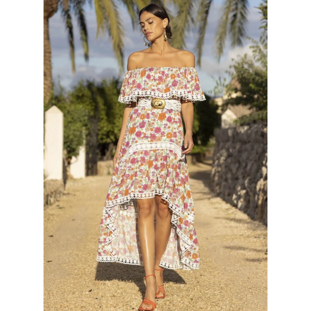 Miss June Rayan Off The Shoulder Floral Lace Ruffle Maxi Midi Dress Boho Pink